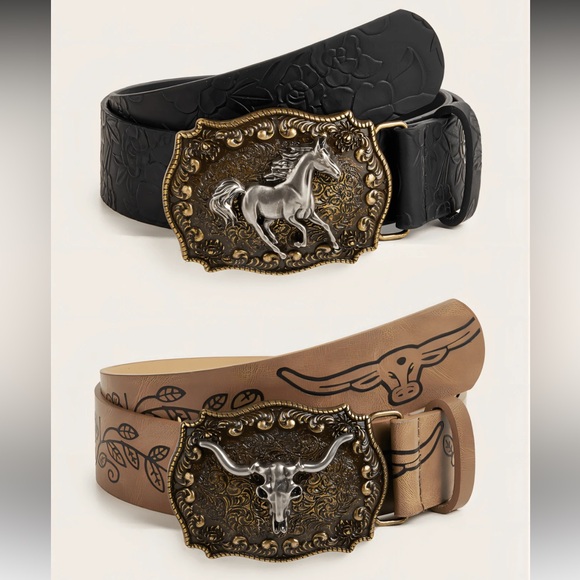 Vintage Buckle PU Leather Cowgirl Style Unisex Belt - Tan & Black - Picture 10 of 10